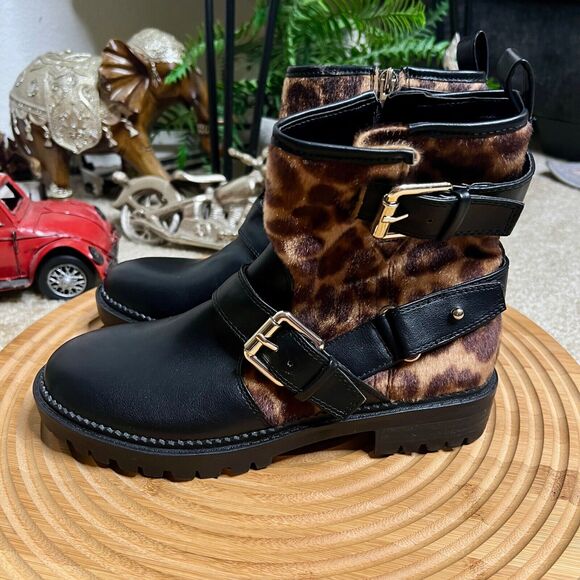 NINE WEST ARRIA 8 WOMEN'S Black BIKER ANKLE BOOTS CHEETAH Print SIZE 6.5 M - Picture 3 of 12